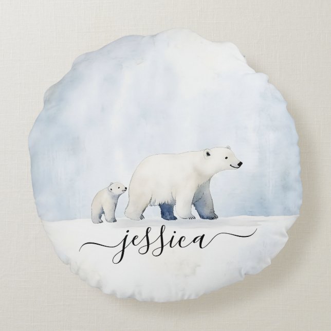 Cute arctic polar bear family script name round pillow (Back)