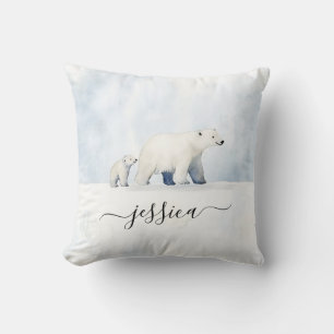 Cute arctic polar bear family script name throw pillow
