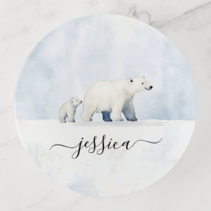 Cute arctic polar bear family script name trinket tray