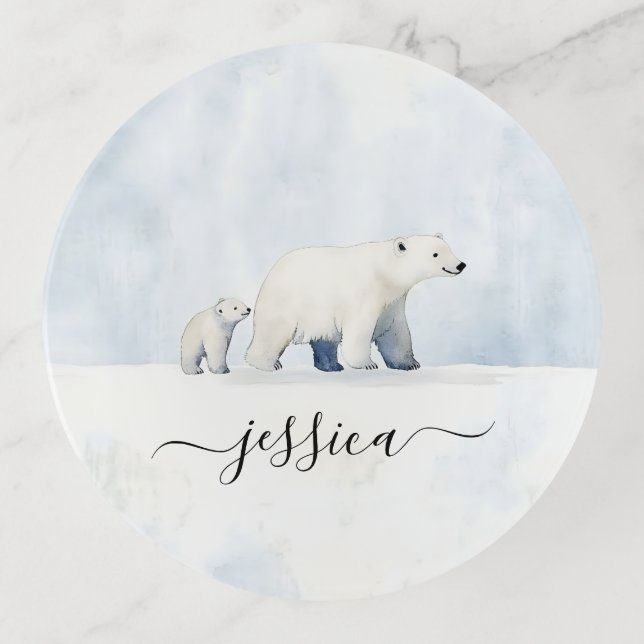 Cute arctic polar bear family script name trinket tray (Front)