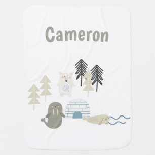 Cute Arctic Winter Animals Custom Name Baby Blanket