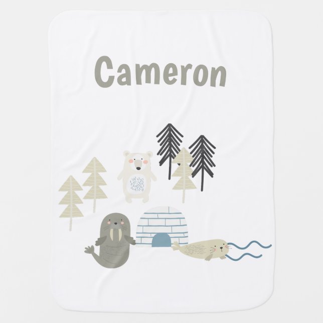 Cute Arctic Winter Animals Custom Name Baby Blanket (Front)