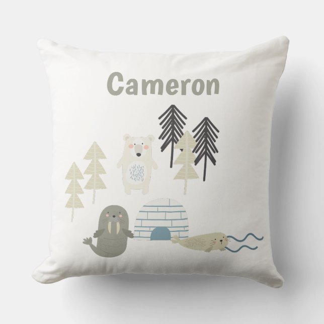 Cute Arctic Winter Animals Custom Name Throw Pillow (Front)