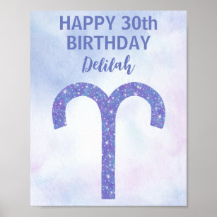 Cute Aries Astrology Custom Purple Birthday Party Poster