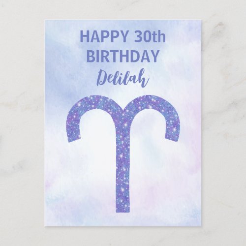 Cute Aries Astrology Sign Custom Purple Birthday Postcard