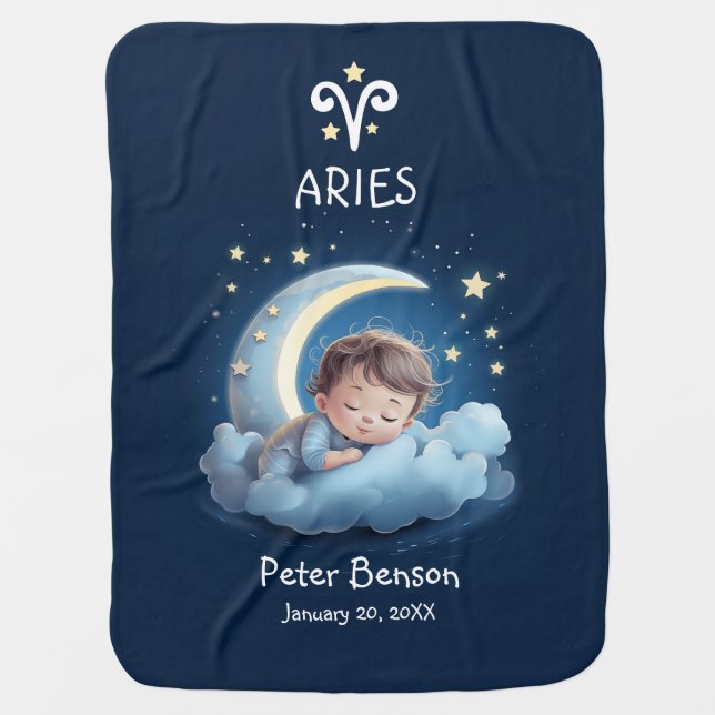 Cute Aries Baby Sleeping on Moon Zodiac Astrology Blanket (Front)