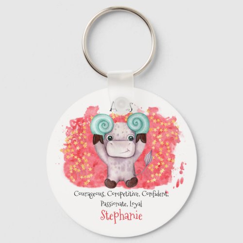 Cute Aries Ram Watercolor Bull Zodiac Personalized Keychain