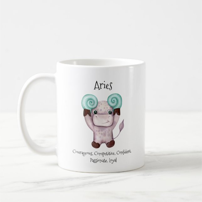 Cute Aries Ram Watercolor Bull Zodiac Traits Coffee Mug (Left)