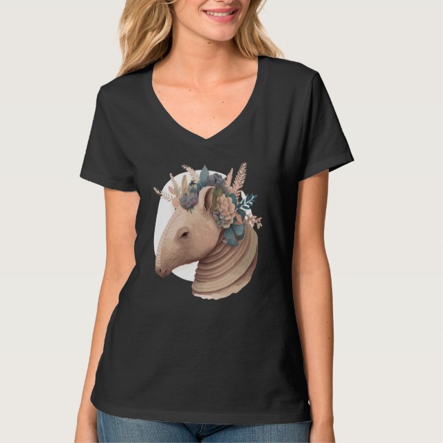 Cute Armadillo Flower Crown Watercolor Animal T-Shirt (Front)