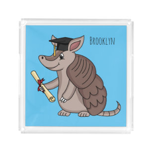Cute armadillo with graduation cap cartoon acrylic tray