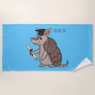Cute armadillo with graduation cap cartoon beach towel