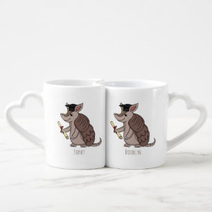 Cute armadillo with graduation cap cartoon coffee mug set