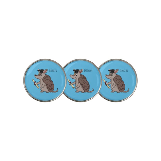 Cute armadillo with graduation cap cartoon golf ball marker (3 Up)