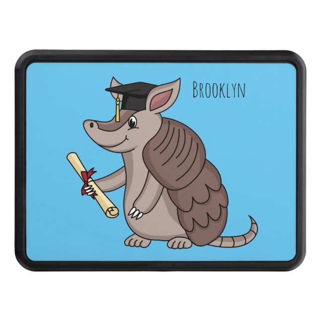 Cute armadillo with graduation cap cartoon hitch cover (Front)