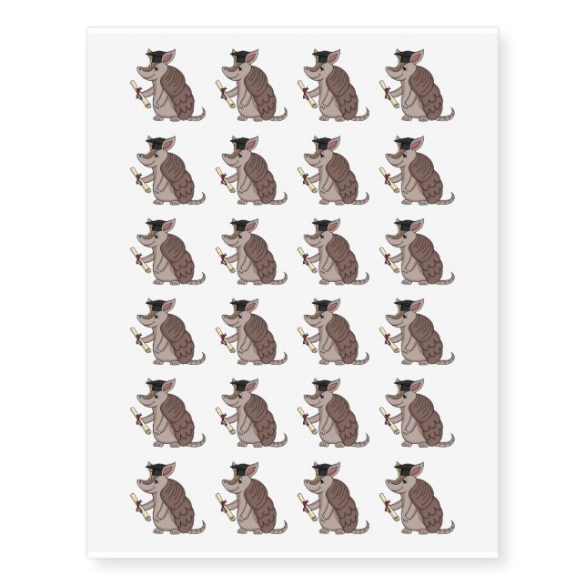 Cute armadillo with graduation cap cartoon temporary tattoos (Front)