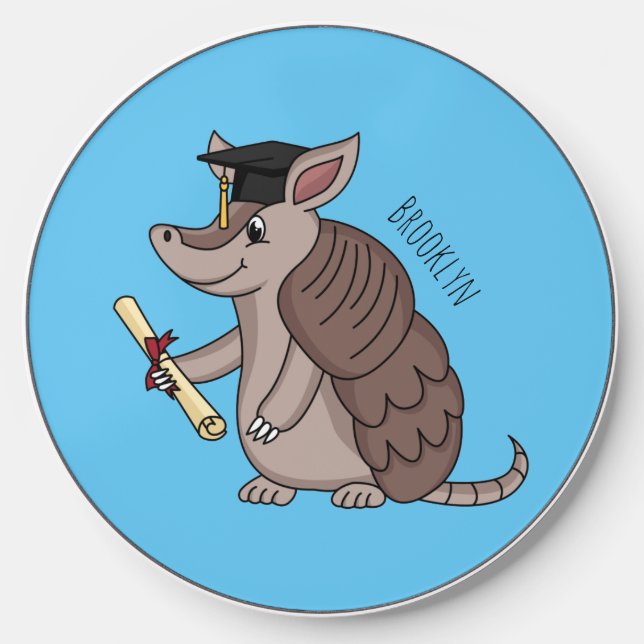 Cute armadillo with graduation cap cartoon wireless charger  (Front)