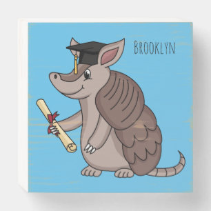 Cute armadillo with graduation cap cartoon wooden box sign
