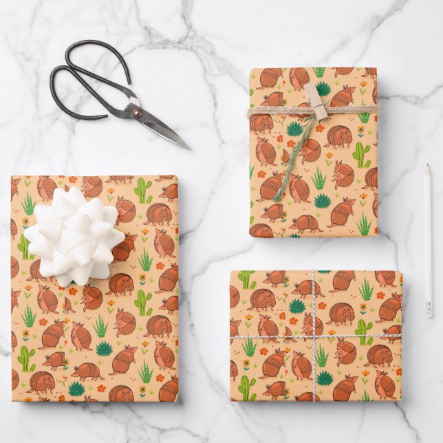 Cute  Armadillos Desert Cactus Pattern Wrapping Paper Sheets (Front)