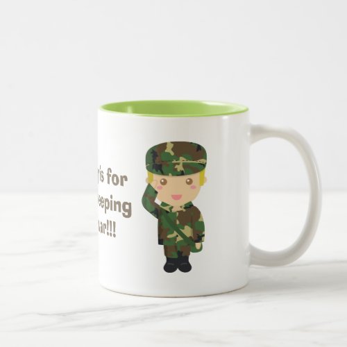 Cute army cadet boy with meaningful message Two_Tone coffee mug