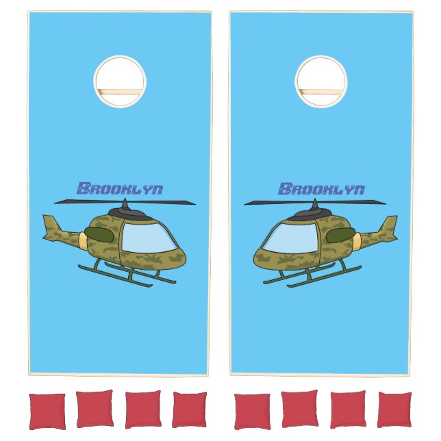 Cute army camoflage helicopter cartoon  cornhole set (Set)