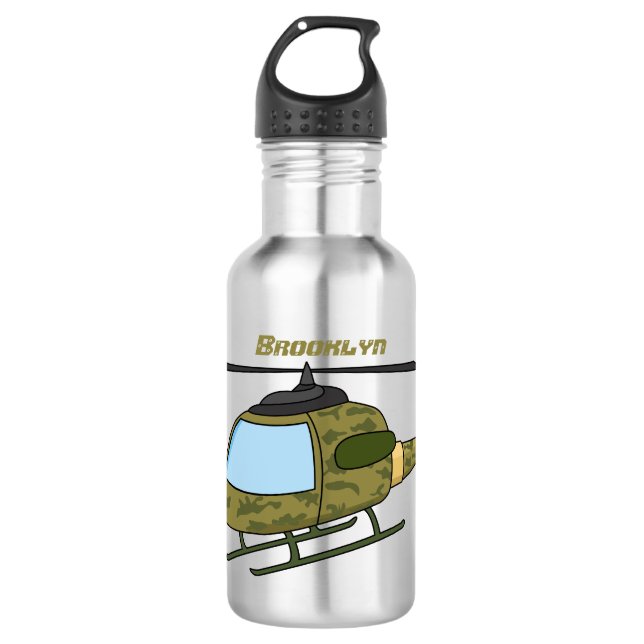 Cute army camoflage helicopter cartoon  stainless steel water bottle (Front)