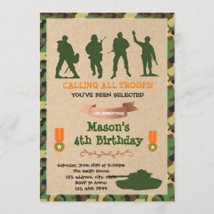 Cute army troops military birthday invitation