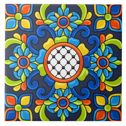 Cute Art Deco Abstract Blue Floral Pattern Ceramic Tile