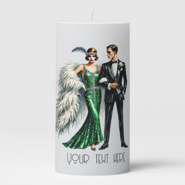 Cute Art Deco add text couple Pillar Candle (Front)
