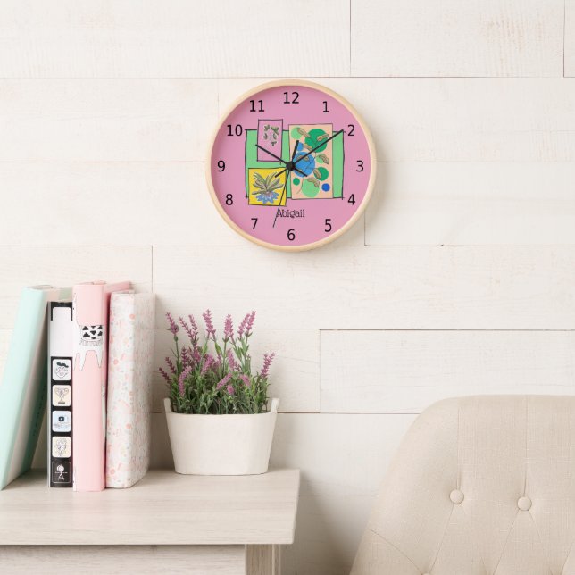 Cute art doodle of three plants, your name, pink clock (Reading Room)