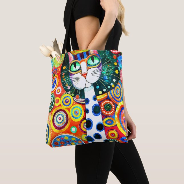 CUTE ART DRAWING OF A CAT WITH ABSTRACT BACKGROUND TOTE BAG (Close Up)