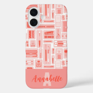 Cute Art Supplies Coral Red Pattern Monogram iPhone 16 Case