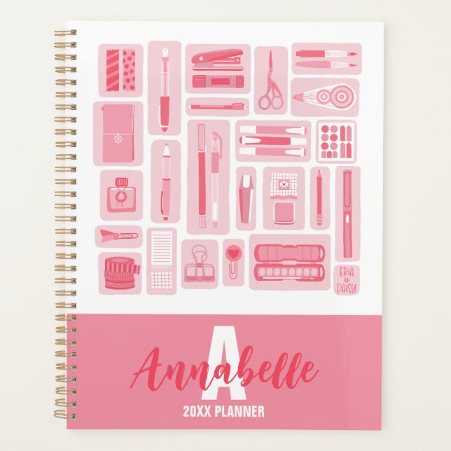 Cute Art Supplies Illustrated Pattern Pink Planner (Front)