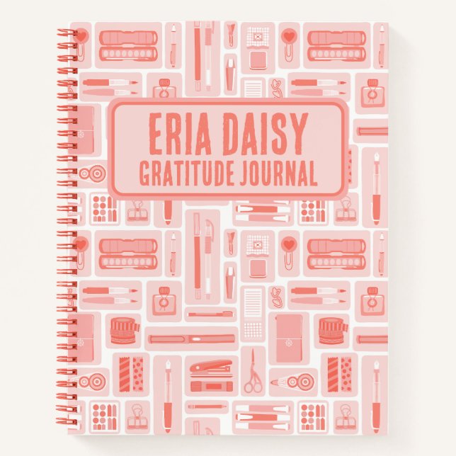 Cute Art Supplies Pattern Coral Red Monogram Notebook (Front)