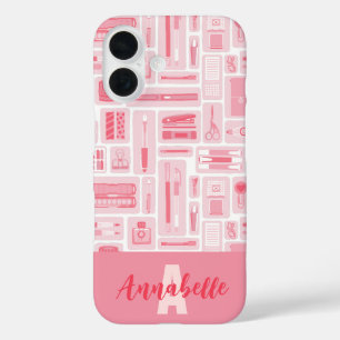 Cute Art Supplies Pink Pattern Monogram iPhone 16 Case