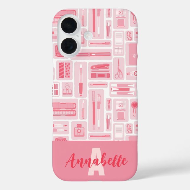 Cute Art Supplies Pink Pattern Monogram Case-Mate iPhone Case (Back)