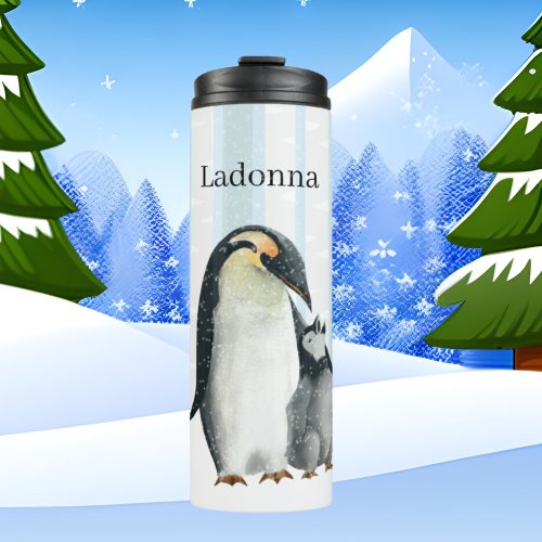 cute artic penguin lovers add name thermal tumbler