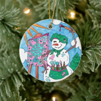 Cute Artist Snowman Holiday Christmas Ceramic Orna Ceramic Ornament by TigerLilyStudios at Zazzle