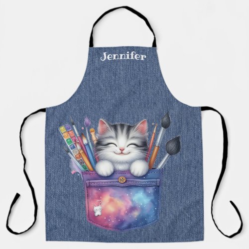 Cute Artist Tabby Cat All_Over Print Apron