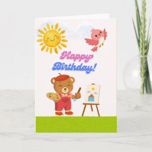 Cute Artist Teddy Bear Happy Birthday Card - Paint
