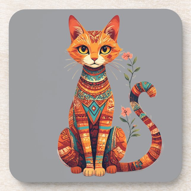 Cute Artistic Cat with Floral Branch Beverage Coaster (Front)