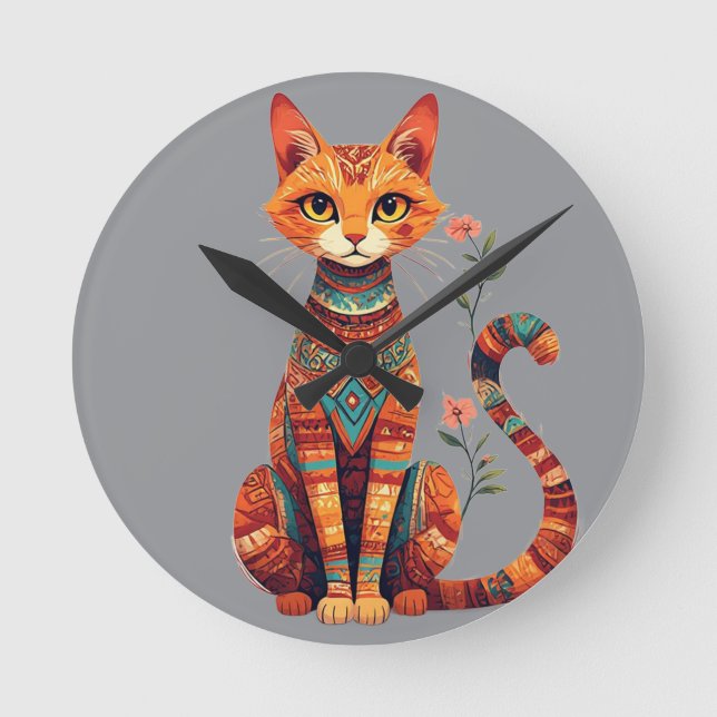 Cute Artistic Cat with Floral Branch Round Clock (Front)