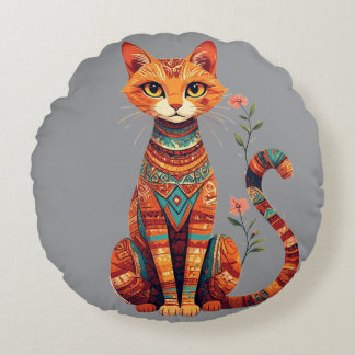 Cute Artistic Cat with Floral Branch Round Pillow