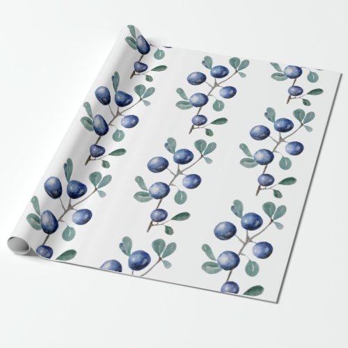 Cute Artistic Watercolor Blueberries Fruit Leaves Wrapping Paper