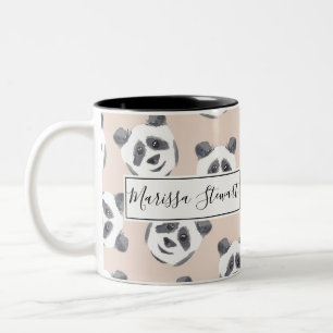 Cute Artsy Black White Blush Panda Bear Watercolor Two-Tone Coffee Mug