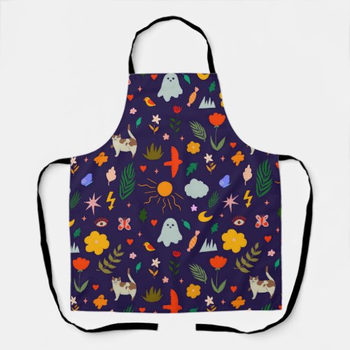Cute Artsy Floral Pattern with Cat Bird and Ghost  Apron