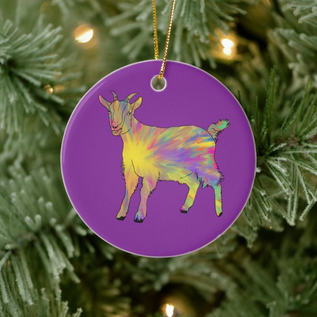 Cute Artsy Goat Colourful Funny Farm Animal Art Ceramic Ornament (Tree)