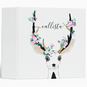 Cute Artsy Pink Floral Deer Animal Illustration 3 Ring Binder