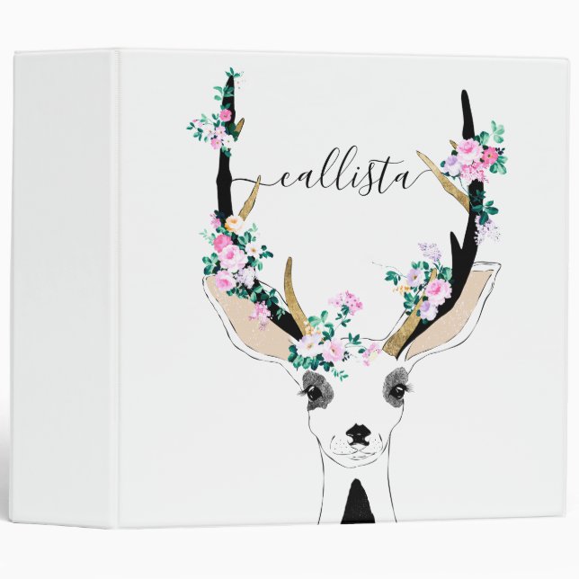 Cute Artsy Pink Floral Deer Animal Illustration 3 Ring Binder (Front/Spine)