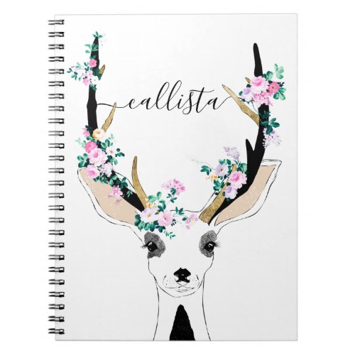 Cute Artsy Pink Floral Deer Animal Illustration Notebook