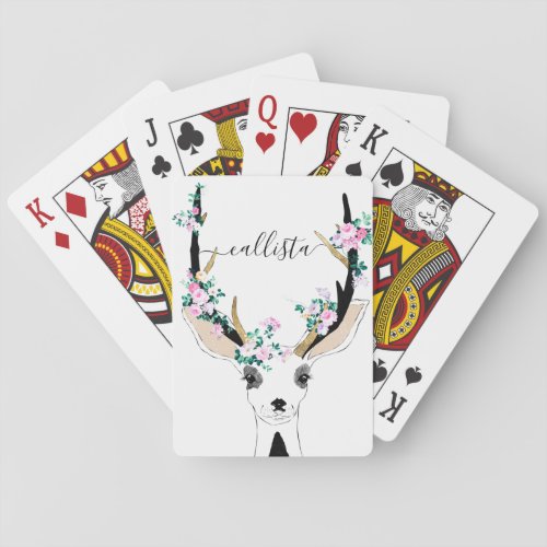 Cute Artsy Pink Floral Deer Animal Illustration Poker Cards